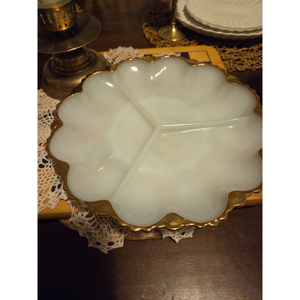 vintage Anchor Hocking Fire-King milk glass divided plate, specifically a three-